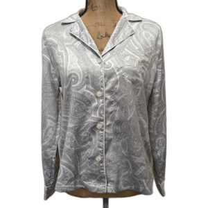 Lauren Ralph Lauren Satin‎ Pajama Top Monogrammed Pocket Gray Paisley Size Small